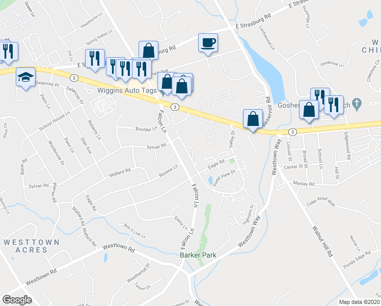 map of restaurants, bars, coffee shops, grocery stores, and more near 3212 Valley Drive in West Chester