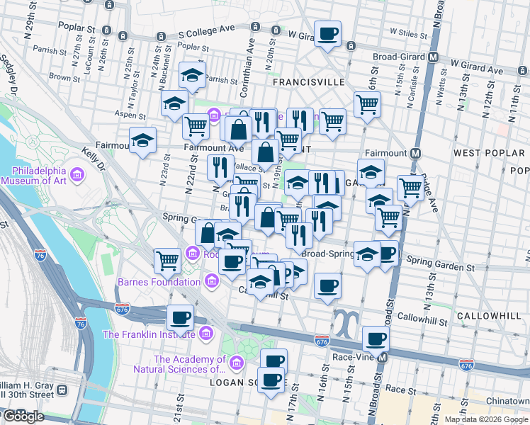 map of restaurants, bars, coffee shops, grocery stores, and more near 1909 Brandywine Street in Philadelphia