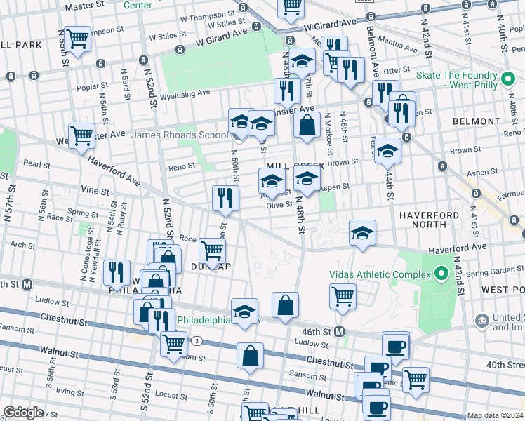 map of restaurants, bars, coffee shops, grocery stores, and more near 4910 Olive Street in Philadelphia