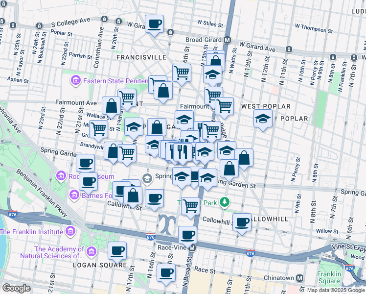 map of restaurants, bars, coffee shops, grocery stores, and more near 1507 Green Street in Philadelphia