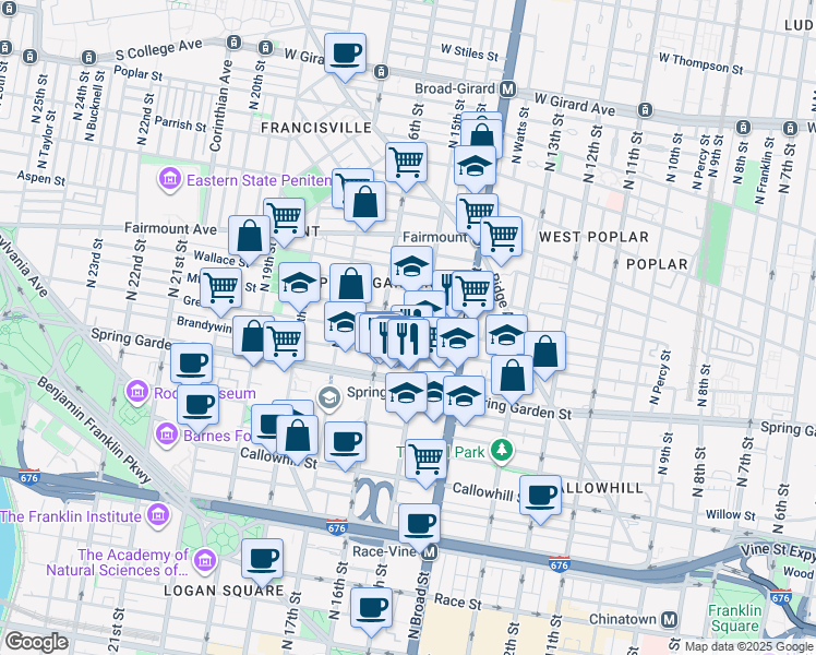 map of restaurants, bars, coffee shops, grocery stores, and more near 1509 Green Street in Philadelphia
