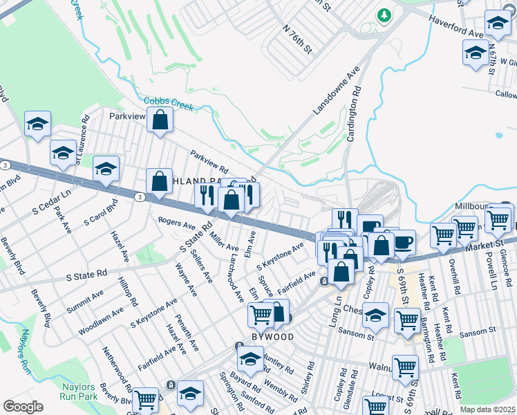 map of restaurants, bars, coffee shops, grocery stores, and more near 22 Golf Road in Delaware County