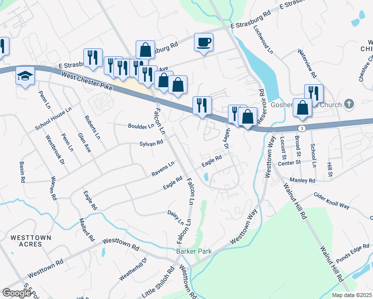 map of restaurants, bars, coffee shops, grocery stores, and more near 3214 Valley Drive in West Chester