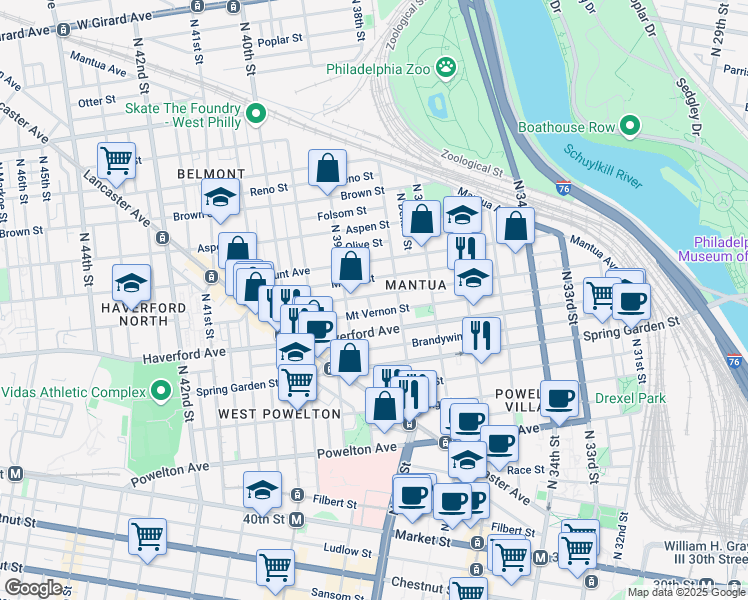 map of restaurants, bars, coffee shops, grocery stores, and more near 3824 Wallace Street in Philadelphia