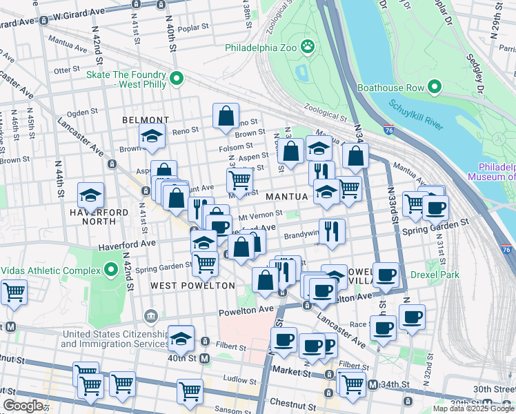 map of restaurants, bars, coffee shops, grocery stores, and more near 3824 Wallace Street in Philadelphia