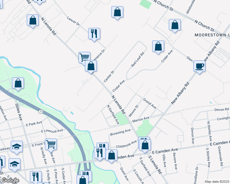 map of restaurants, bars, coffee shops, grocery stores, and more near 8 Crider Avenue in Moorestown