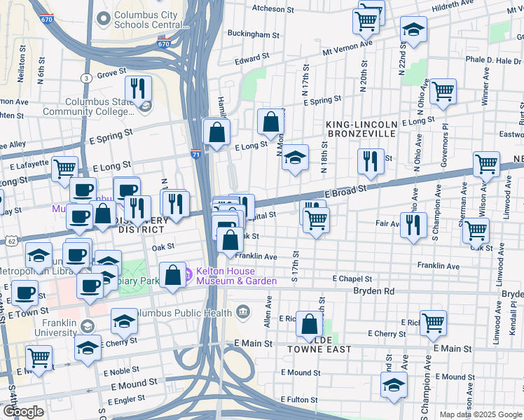 map of restaurants, bars, coffee shops, grocery stores, and more near 785 East Broad Street in Columbus