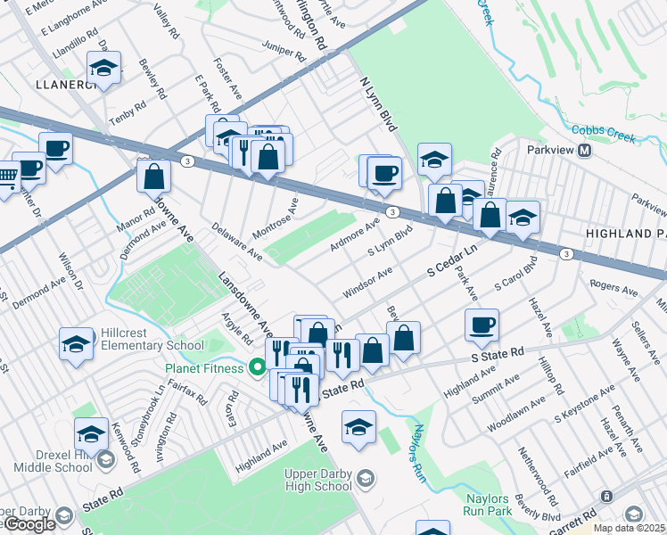 map of restaurants, bars, coffee shops, grocery stores, and more near 216 South Lynn Boulevard in Delaware County
