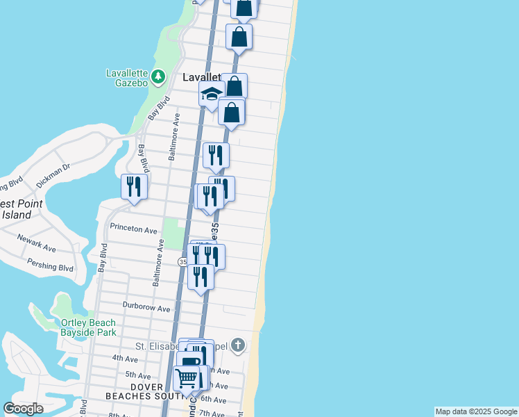 map of restaurants, bars, coffee shops, grocery stores, and more near 1802 Oceanfront in Lavallette