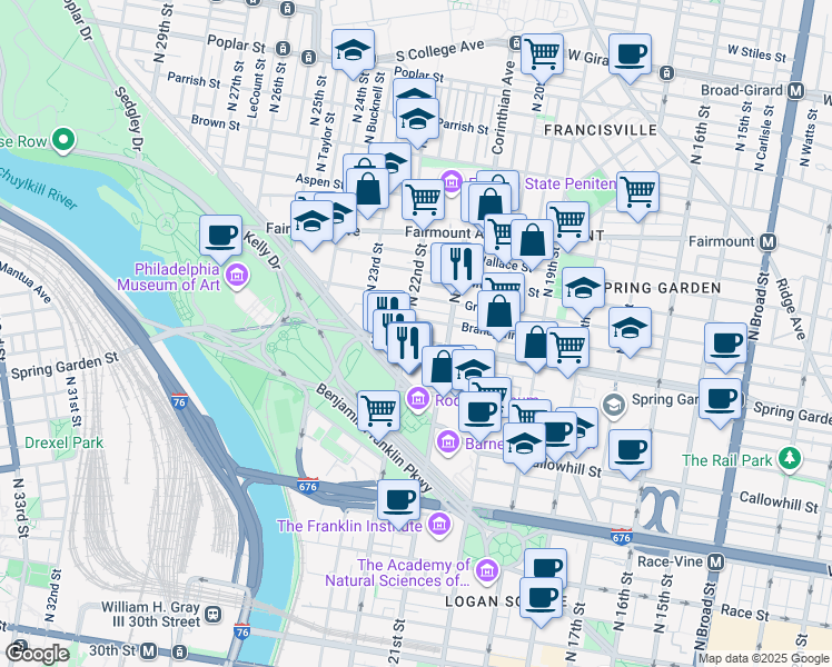 map of restaurants, bars, coffee shops, grocery stores, and more near 2129 Spring Garden Street in Philadelphia