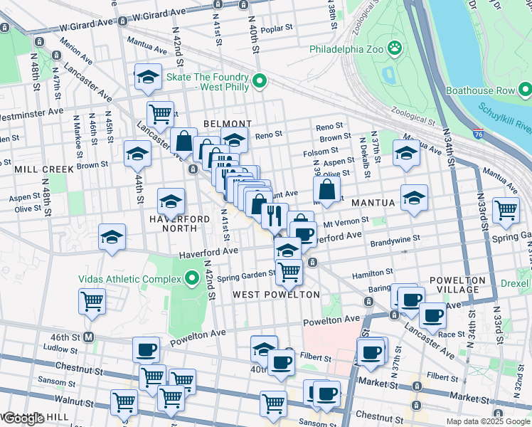 map of restaurants, bars, coffee shops, grocery stores, and more near 651 North Preston Street in Philadelphia