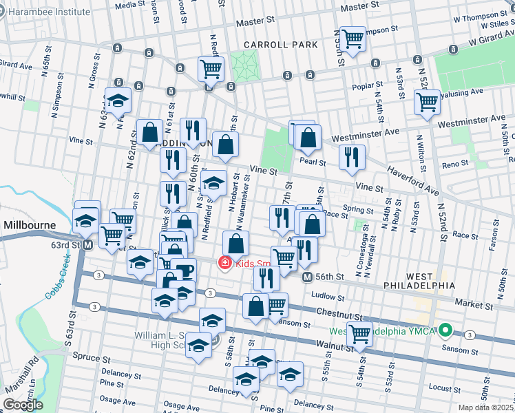 map of restaurants, bars, coffee shops, grocery stores, and more near 153 North 58th Street in Philadelphia