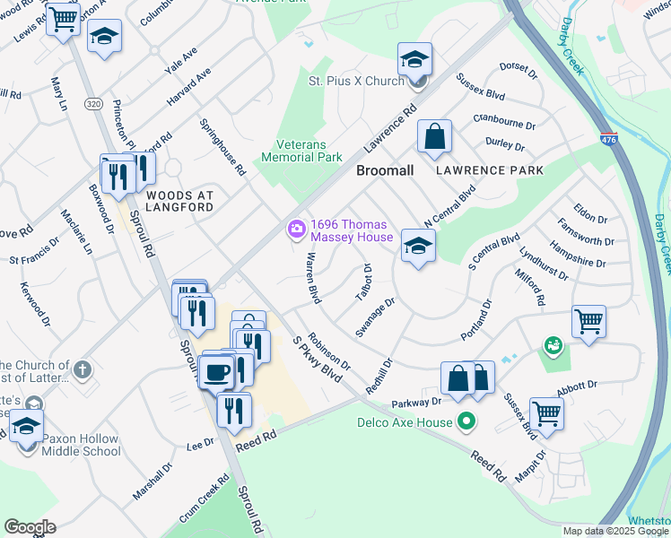 map of restaurants, bars, coffee shops, grocery stores, and more near 389 Westfield Drive in Broomall