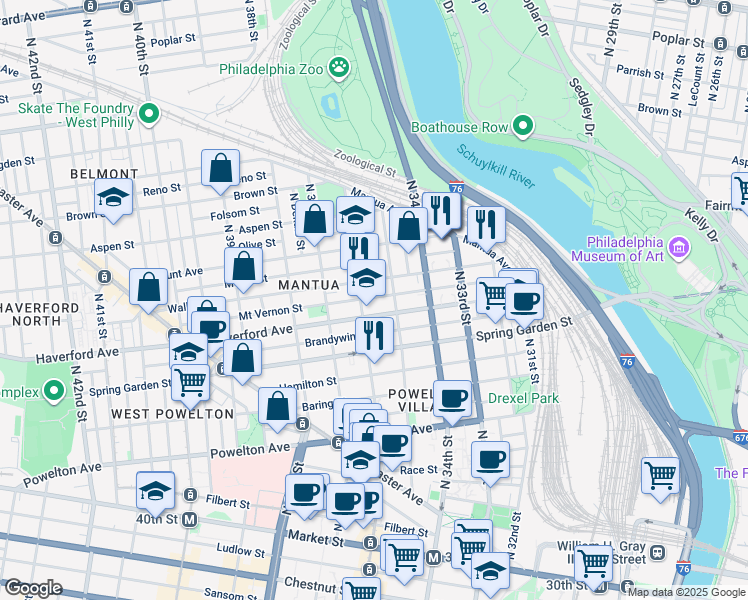 map of restaurants, bars, coffee shops, grocery stores, and more near 3524 Mount Vernon Street in Philadelphia