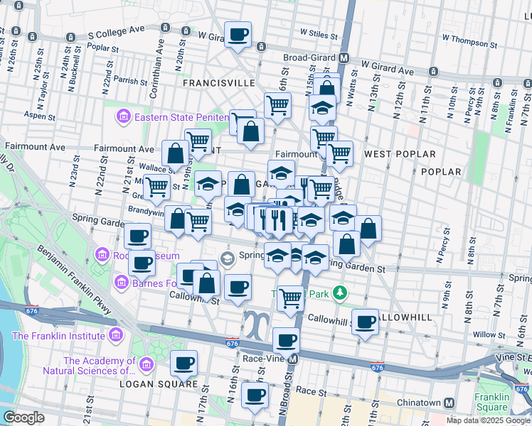 map of restaurants, bars, coffee shops, grocery stores, and more near 1520 Mount Vernon Street in Philadelphia