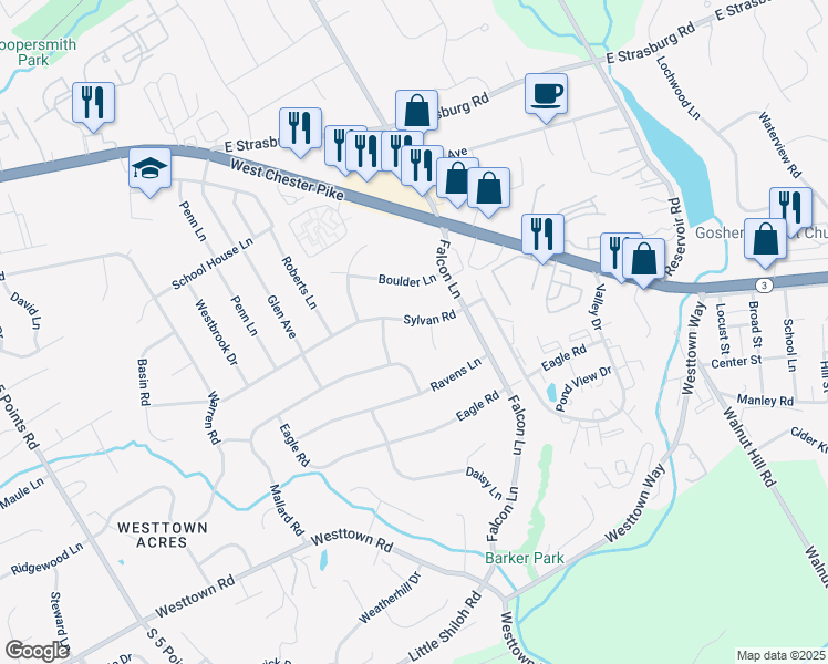 map of restaurants, bars, coffee shops, grocery stores, and more near 1220 Sylvan Road in West Chester