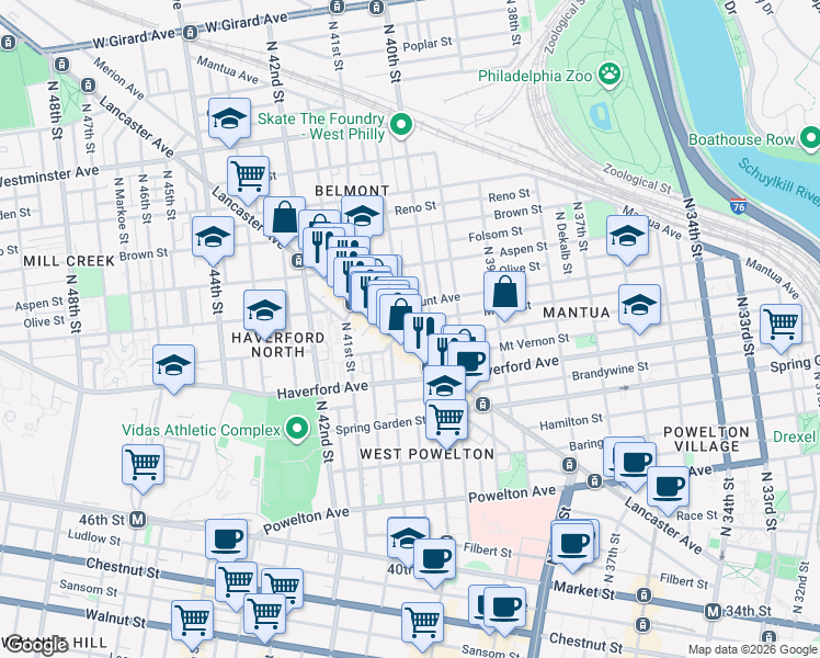 map of restaurants, bars, coffee shops, grocery stores, and more near 4040 Lancaster Avenue in Philadelphia