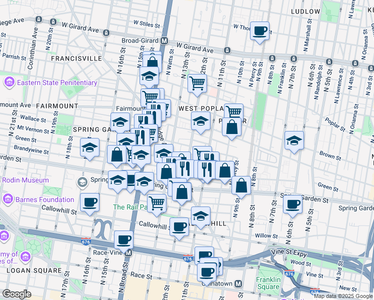 map of restaurants, bars, coffee shops, grocery stores, and more near 630 North 12th Street in Philadelphia