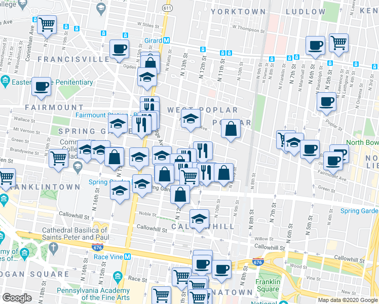 map of restaurants, bars, coffee shops, grocery stores, and more near 641 North 12th Street in Philadelphia