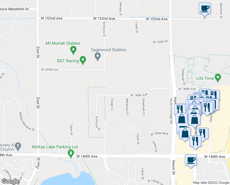 map of restaurants, bars, coffee shops, grocery stores, and more near 1435 West 148th Avenue in Westminster