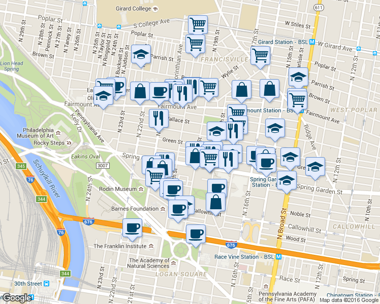 map of restaurants, bars, coffee shops, grocery stores, and more near 1917 Brandywine Street in Philadelphia
