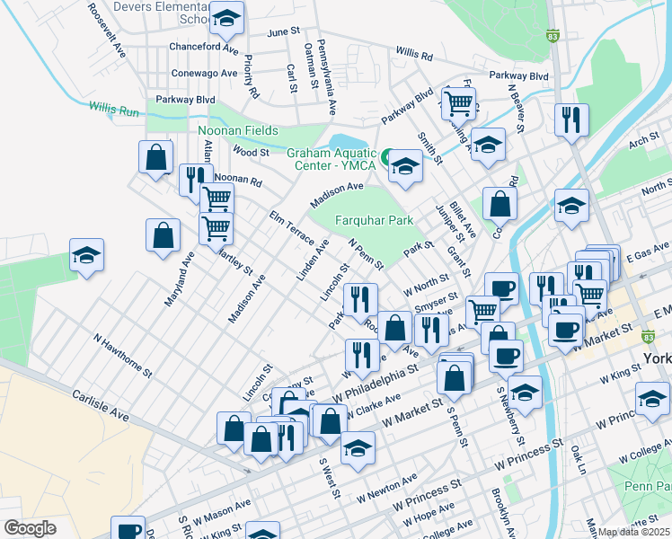 map of restaurants, bars, coffee shops, grocery stores, and more near 445 Lincoln Street in York