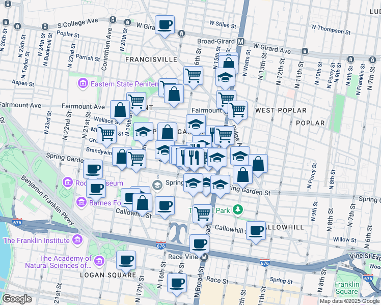 map of restaurants, bars, coffee shops, grocery stores, and more near 1519 Green Street in Philadelphia