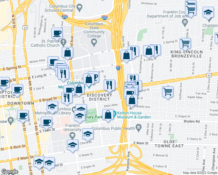 map of restaurants, bars, coffee shops, grocery stores, and more near 600 East Broad Street in Columbus