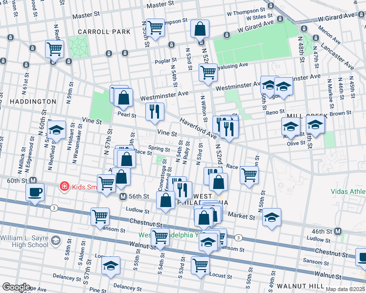 map of restaurants, bars, coffee shops, grocery stores, and more near 229 North 54th Street in Philadelphia