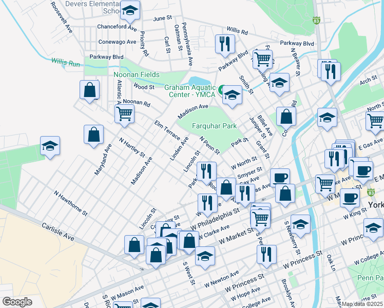 map of restaurants, bars, coffee shops, grocery stores, and more near 445 Lincoln Street in York