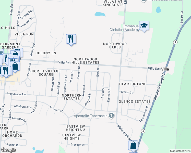map of restaurants, bars, coffee shops, grocery stores, and more near 3307 Erter Drive in Springfield