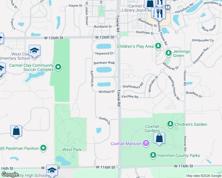 map of restaurants, bars, coffee shops, grocery stores, and more near 2420 Winfield Drive in Carmel