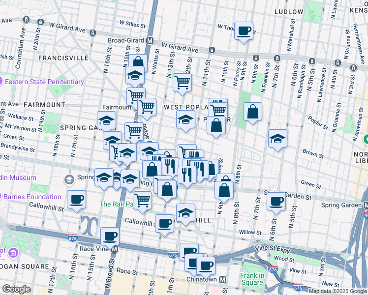 map of restaurants, bars, coffee shops, grocery stores, and more near 1116 Wallace Street in Philadelphia