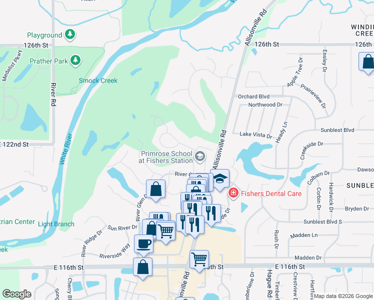 map of restaurants, bars, coffee shops, grocery stores, and more near 7287 Pymbroke Circle in Fishers