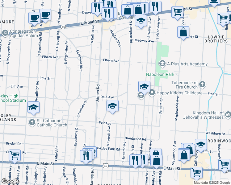 map of restaurants, bars, coffee shops, grocery stores, and more near 364 Mayfair Boulevard in Columbus