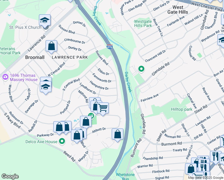 map of restaurants, bars, coffee shops, grocery stores, and more near 436 Hampshire Drive in Broomall