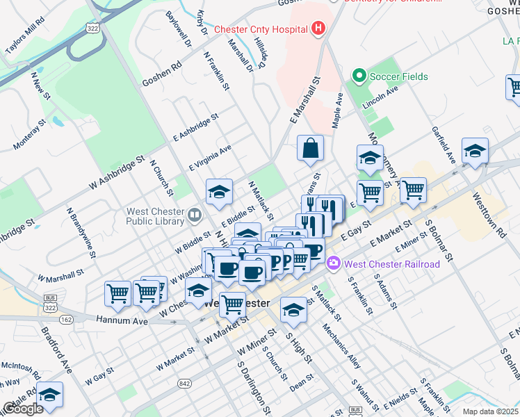 map of restaurants, bars, coffee shops, grocery stores, and more near 322 North Matlack Street in West Chester