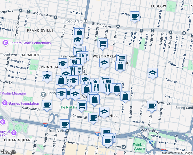 map of restaurants, bars, coffee shops, grocery stores, and more near 630 North 12th Street in Philadelphia