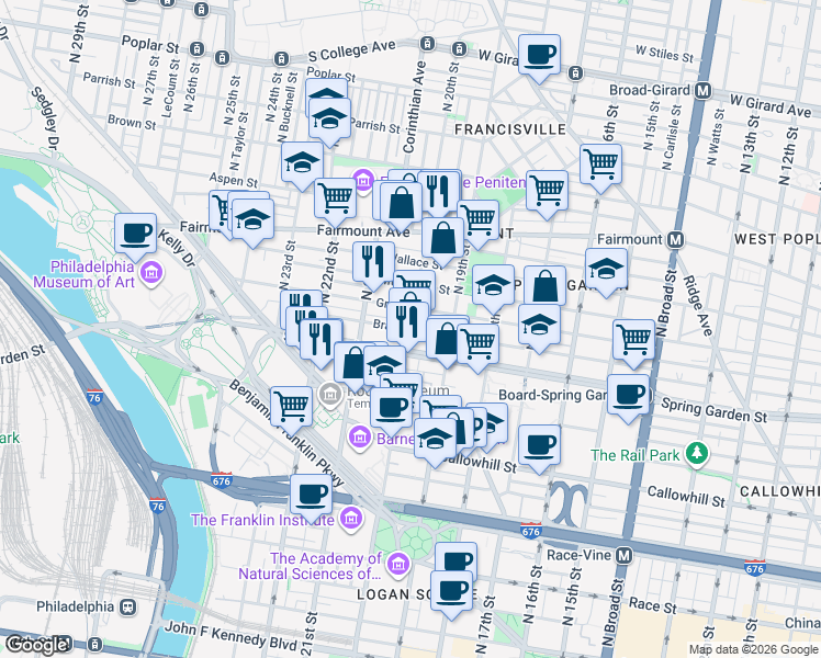 map of restaurants, bars, coffee shops, grocery stores, and more near North 20th Street & Brandywine Street in Philadelphia