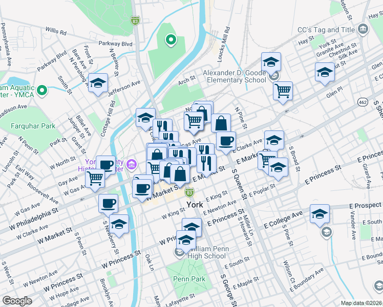 map of restaurants, bars, coffee shops, grocery stores, and more near in York