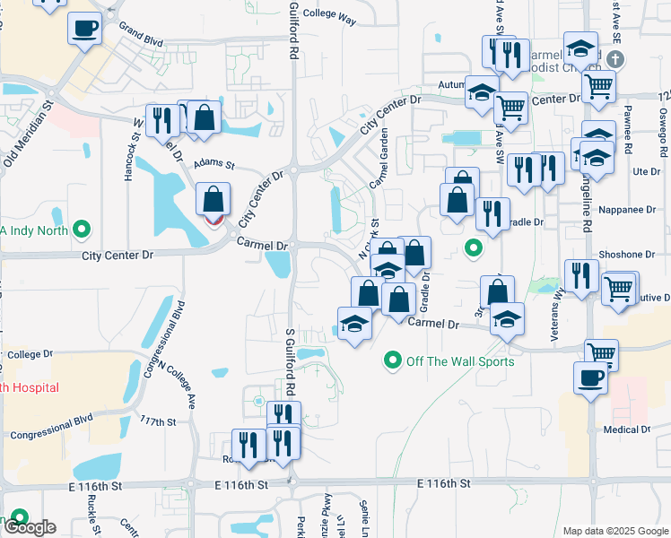 map of restaurants, bars, coffee shops, grocery stores, and more near 645 West Carmel Drive in Carmel
