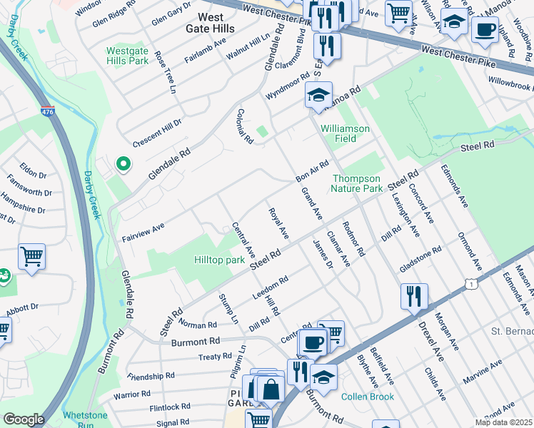 map of restaurants, bars, coffee shops, grocery stores, and more near 550 Royal Avenue in Havertown