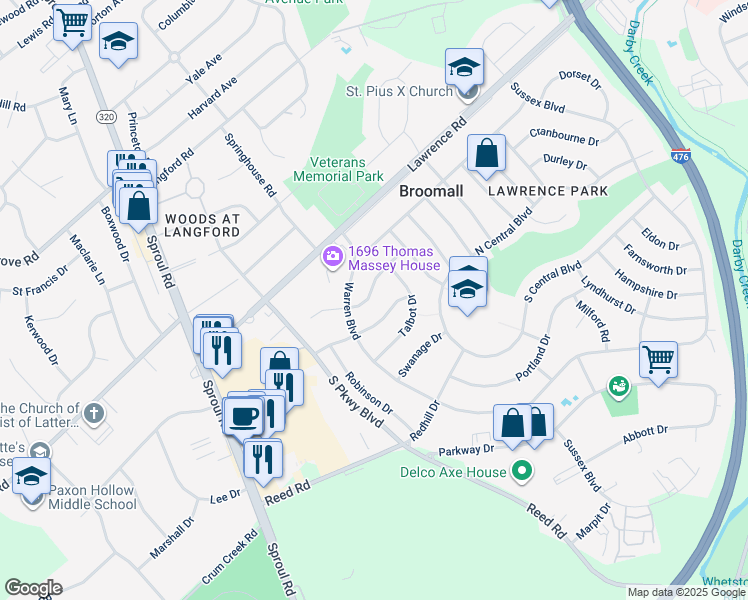map of restaurants, bars, coffee shops, grocery stores, and more near 389 Westfield Drive in Broomall