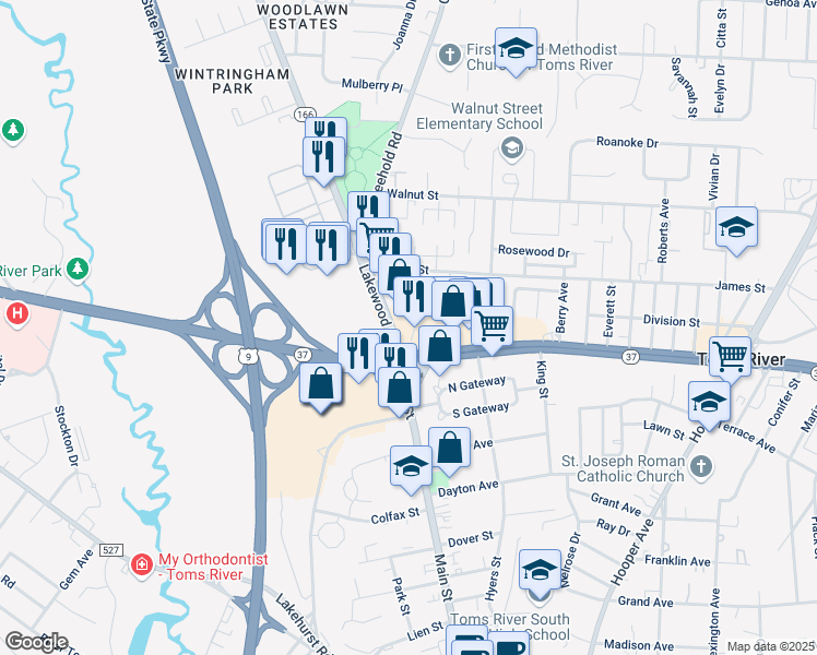 map of restaurants, bars, coffee shops, grocery stores, and more near 401 New Jersey 37 in Toms River