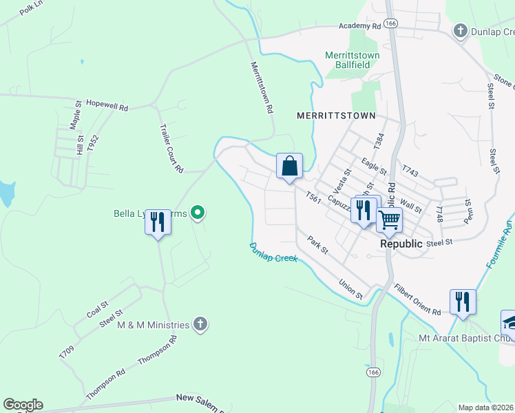 map of restaurants, bars, coffee shops, grocery stores, and more near 23 Republic Street in Uniontown