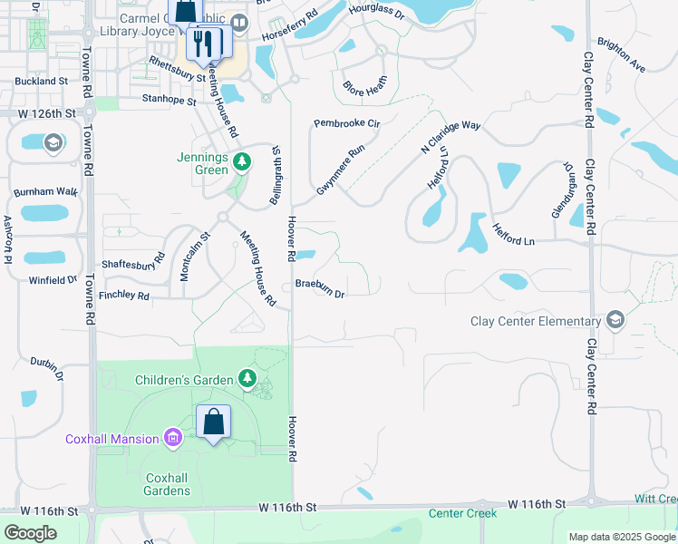 map of restaurants, bars, coffee shops, grocery stores, and more near 12207 Redgold Run in Carmel
