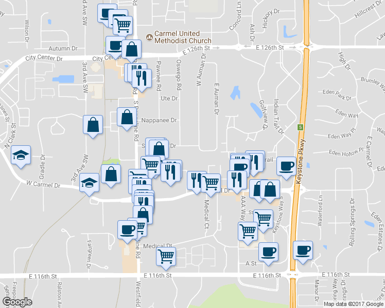map of restaurants, bars, coffee shops, grocery stores, and more near 215 Shoshone Drive in Carmel
