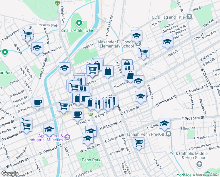 map of restaurants, bars, coffee shops, grocery stores, and more near 32 North Queen Street in York