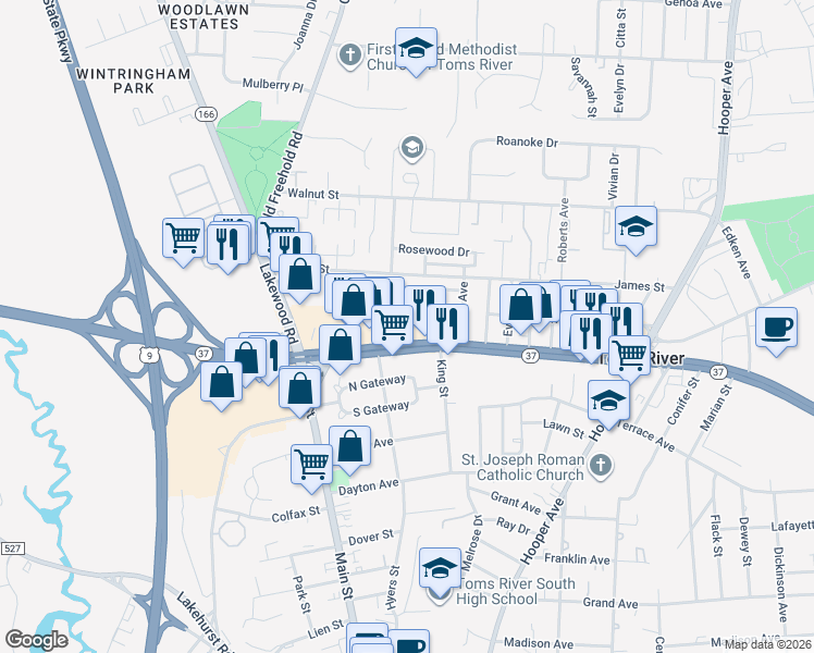 map of restaurants, bars, coffee shops, grocery stores, and more near 913 Bowling Green Drive in Toms River