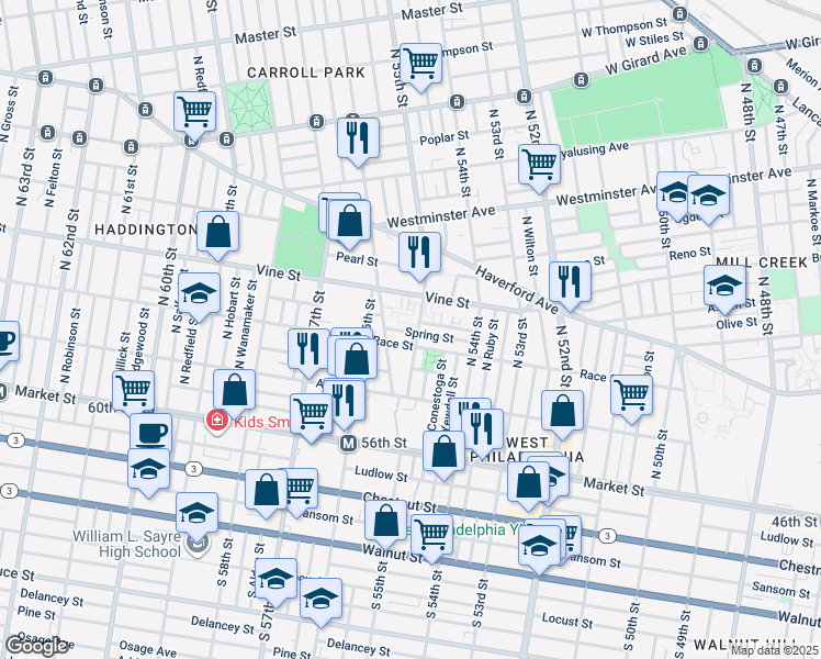 map of restaurants, bars, coffee shops, grocery stores, and more near 5507 Spring Street in Philadelphia